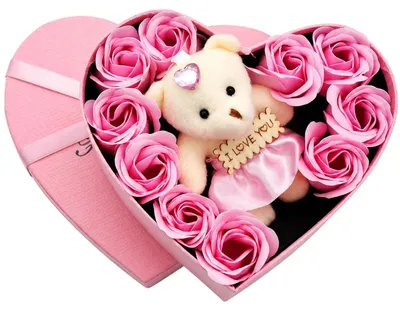 Produktbild von Seifenrosen, Blumenbox, herzförmiger Strauß duftender Blumen als Geschenk für einen Teddybären