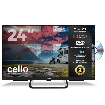 Produktbild von Cello 24″ Smart Tizen OS by Samsung Camping LED TV mit DVD Player, Triple Tuner, Pitch Perfect Sound, 12V/24V/230V Multispannung – ideal für Wohnmobil
