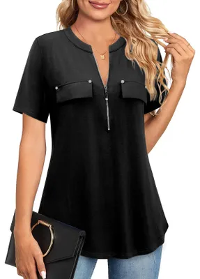 Produktbild von Amrto Damen Kurzarm T-Shirt Sommer Casual Reißverschluss Tunika Tops V-Ausschnit
