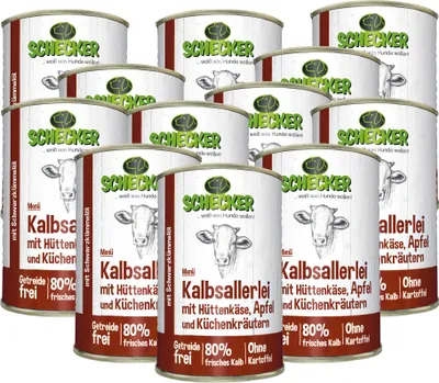 Zdjęcie produktu dla 12x410g Schecker dog menu wet food with 80% veal with cottage cheese, apple and black cumin oil