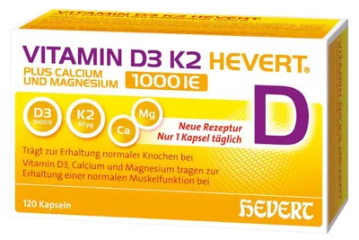 Image de Vitamine D3 K2 Hevert plus calcium et magnésium 1.000 U.I. avec formule quadruple Osteo pour des os et des muscles sains, 120 gélules