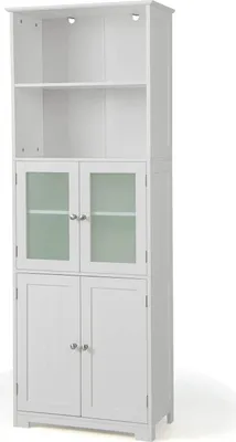 A white tall cabinet with glass doors on the top half and solid doors on the bottom half, set against a white background.