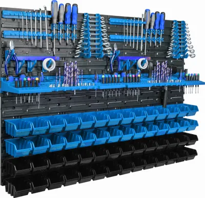 Immagine prodotto di Pannello porta attrezzi da appendere 115x78cm con 56 pezzi. Scatole blu montate a parete con set di supporti in plastica