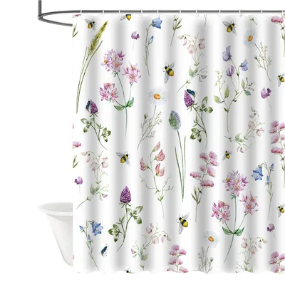 Produktbild von Blumen Duschvorhang 180 x 180 cm für Badezimmer, Duschvorhänge mit 12 Haken, Weiß