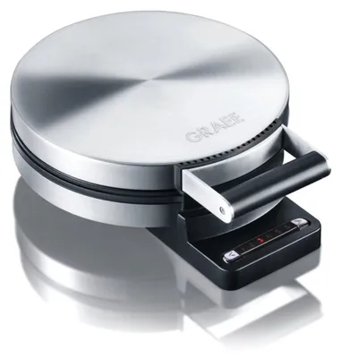 A silver and black waffle maker is shown from a slightly elevated angle on a white background.