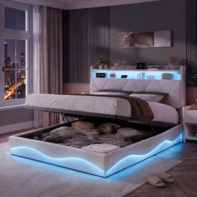 Obrázek produktu pro Postel s pružinovou základnou INONEFT, čalouněná, rozměry 140x200 cm, s LED osvětlením a USB porty, hydraulickým úložným prostorem, rošt, manželská postel, samet, béžová barva