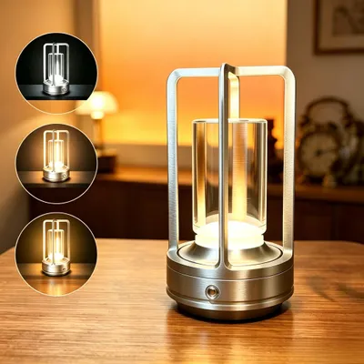 Produktbild von Tragbare Innen-/Außentischlampe aus Metall, kabellose wiederaufladbare LED-Lampe, 3 Farben stufenlos dimmbar, Beleuchtung für Restaurant/Schlafzimmer