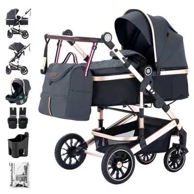 Produktbild von Daliya® NEOMOVE 3in1 Kinderwagen | mit i-Size Babyschale & Buggy | Alu-Rahmen Reisekinderwagen | Kombikinderwagen mit großen Einkaufskorb | für Stadt und Gelände | Sicher & Komfortabel (Rahmen: Gold, Stoff: Dunkelgrau)