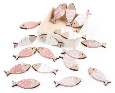 Produktbild von 18 kleine Fische aus Holz rosa weiß 6 cm Kommunion Taufe Deko
