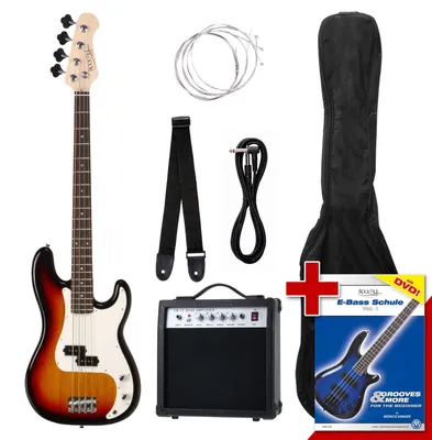 Produktbild von Rocktile Groover's Pack PB E-Bass Komplettset Sunburst (Verstärker, Tasche, Kabel, Gurt, Ersatzsaiten und Schule mit DVD)