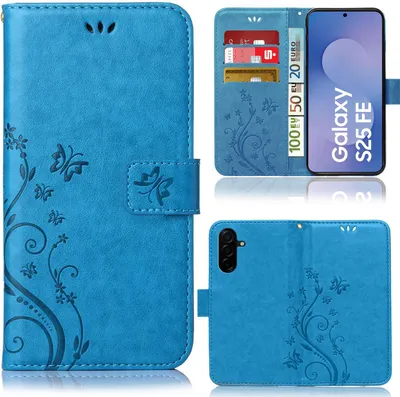 Produktbild von Handytasche für Samsung Galaxy S25 FE Schutz Hülle Handyhülle mit Blumenmuster Klapp Hülle mit Standfunktion und Kartenfächer Farbe: Blau