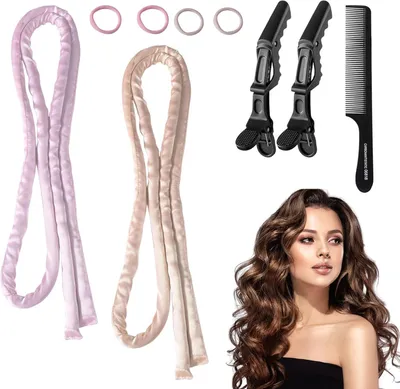 Produktbild von 2 Stück dünnes Lockenband für Locken ohne Hitze über Nacht bei langen Haaren, mit 2 Haarnadeln, 4 Haargummis und 1 Kamm