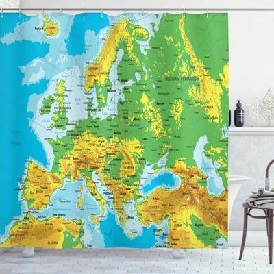 Immagine prodotto di ABAKUHAUS Tenda da doccia con mappa, mappa dettagliata dell'Europa con confini, paesi e città, 175 x 240 cm, multicolore