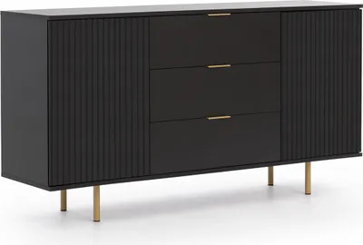 Produktbild von Kommode NUBIA NB-02 mit 3 Schubladen 2 Türen Sideboard 150 cm Mehrzweckschrank Anrichte Highboard SoftClose, Push-to-Open, Modern (Schwarz Matt)