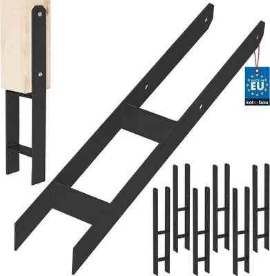 A set of black metal post anchors and a wooden post are displayed against a white background.