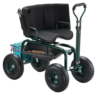 Produktbild von VEVOR Rollwagen mit drehbarem Sitz, strapazierfähiger Gartenstuhl mit Aufbewahrungskorb und Werkzeugablage, 300 lbs Tragfähigkeit, Outdoor-Gartenhocker-Scooter für Rasen, Gartenpflanzung und Unkrautjäten, Sitz (Mit Rückenlehne)