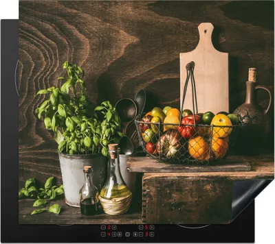Produktbild von KitchenYeah© Herdabdeckplatte Gemüse - Kräuter - Rustikal - Stilleben - Basilikum , 60x52cm, Küche Deko, Glaskeramikkochfeld Herdabdeckung, Abdeckplatte fùr Kochfeld