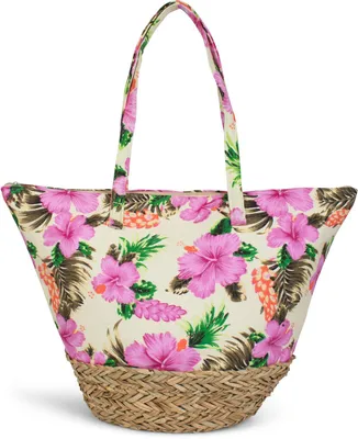 Produktbild von styleBREAKER Große Strandtasche mit Hibiskus Blumen Print | Damen Shopper mit Bastboden und Reißverschluss | Bunte Badetasche mit Tropenflair | 46 x 36 x 16 cm