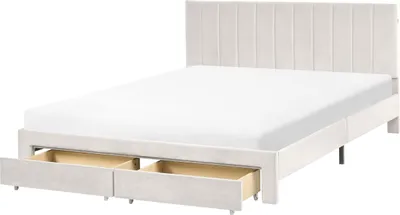 Produktbild von BELIANI Bett Cremeweiß Samt Gepolstert mit Schubladen Lattenrost 160x200 cm Hohes Gestepptes Kopfteil Modern Schlafzimmer Polsterbett Samtbett