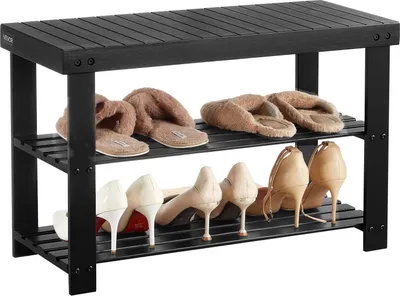 Zdjęcie produktu dla Ławka na buty VEVOR (703 x 288 x 451 mm), ławka wejściowa wykonana z bambusa, 3-poziomowy stojak na buty (nośność 130 kg), do drzwi wejściowych korytarz salon sypialnia czarny