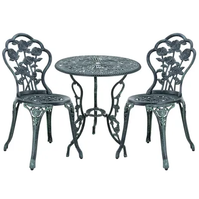 Imagen del producto de Conjunto de mesa y sillas tipo bistro "And OutdoorMatch" de Stanton: juego para balcón, mesa de jardín de hierro fundido y 2 sillas de jardín, color verde. Diseño elegante