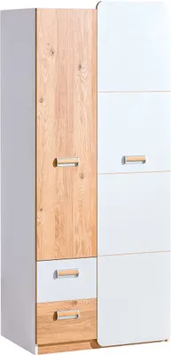 Produktbild von Furniture24 Kleiderschrank LORENTO L1 Drehtürenschrank Kleiderstange 2 Türiger Schrank mit 2 Schubladen Briliant Weiß/Nash Eiche