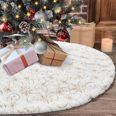 Productafbeelding van Grote kerstboomrok - 122 cm - Wit en goud - Pluche kerstboomdeken - Pailletten - Sneeuwvlokken - Kerstboomstandaard