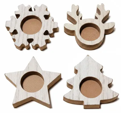 Immagine prodotto di Portacandele a forma di stella, fiocco di neve e albero di Natale, set da 4, in legno, color marrone, ideali per il periodo natalizio