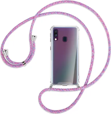 Produktbild von Handykette Backcover-Schutzhülle mit Band (Metall silberfarben) für Samsung Galaxy A40 - lila/rosa/blau