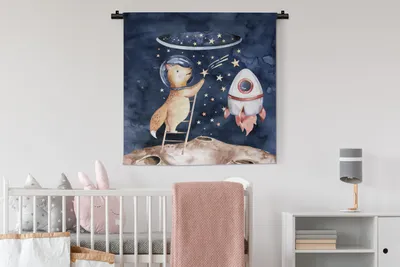 Produktbild von MuchoWow® Wandteppich Wandbehang Rakete - Weltraum - Fuchs - Jungen - Mädchen - Kinder 90x90 cm Tapisserie Dekoration Wandtuch - Wandaufhänger