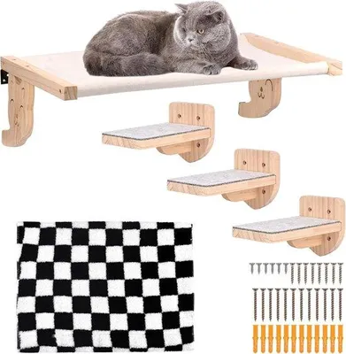 Zdjęcie produktu dla Hamak dla kota - montaż na ścianie - 60 x 30 cm - Drewniany mebel ścienny dla kota, wyściełany pluszem - przeznaczony dla kotów