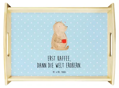 Produktbild von Mr. & Mrs. Panda Tablett Bär Kaffee - Blau Pastell - Geschenk, Bären, küchentablett holz, Sofa, Coffee, Teddy, Motivation, Serviertablett, Guten Morgen, Holztablett, Deko