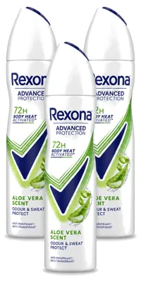 Imagen del producto de 3 aerosoles desodorantes Rexona, aroma a aloe vera, 150 ml, pack ahorro, 3 unidades