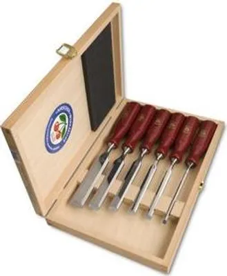 Produktbild von Kirschen Stechbeitelsatz Breite 6 10 12 16 20 26 mm mit Plastikheft rot Holzkasten - 1103000