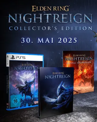 Promotional image for Elden Ring Nightreign Collector's Edition, showing game packaging and other items.