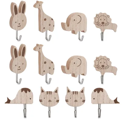 Produktbild von Kindergarderoben-Haken - 12 Stück Set mit Tiermotiven - Wandmontage für Kinderzimmer - Bunt aus Holz