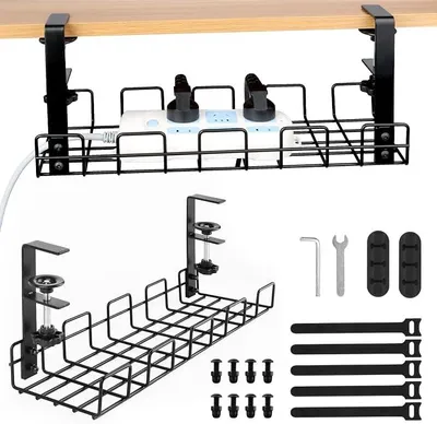Produktbild von PolkaHome® Kabelmanagementlade unter dem Schreibtisch – Kabelgitter, Kabelhalter, ohne Bohren, Schwarz, für Steckdosenleiste und Kabel