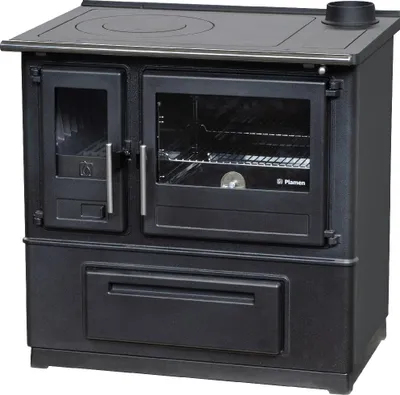 A black Plamen Slavonac N wood-burning stove is shown against a white background.
