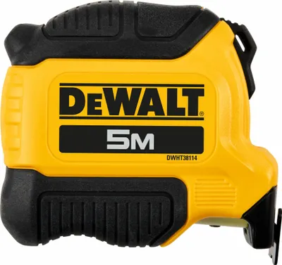 A close-up studio shot of a yellow and black DeWalt tape measure.