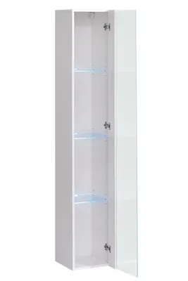A tall, narrow white cabinet with a glass door, showing three glass shelves inside.