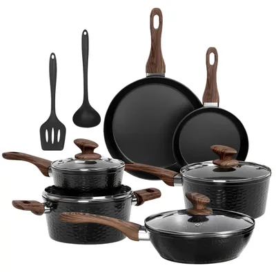 12-tlg. Kochset mit Granitbeschichtung, Induktion, Antihaft, Aluminium, Schwarz