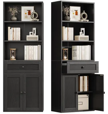 Productafbeelding van Boekenkast met deuren en lade, 5 niveaus, zwart, 48x24x164,2 cm