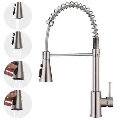 A kitchen faucet with a pull-down sprayer, shown against a white background. Insets on the left demonstrate different spray functions.