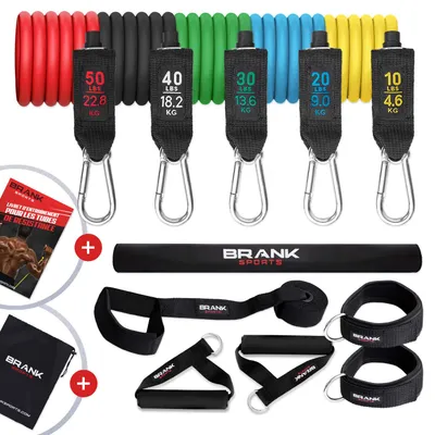 Obrázok produktu pre Fitness gumy s rúčkami, nastaviteľný odpor od 5 do 68 kg | Kompletná sada fitness gum pre posilňovanie