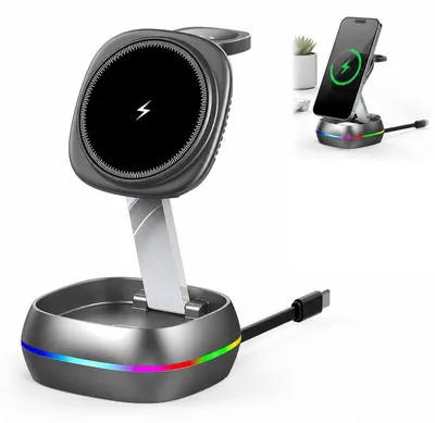 Produktbild von 3-in-1 Ladegerät, 15W MagSafe Wireless Charger, magnetisch, faltbar, für iPhone, 360° drehbar, kompakt für Reisen, mit ausziehbarem USB-C-Kabel
