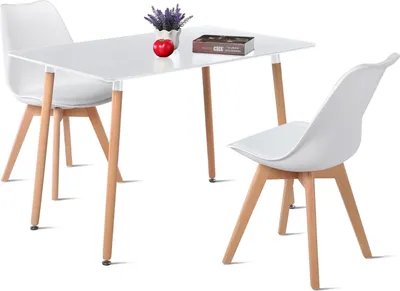 Image de HJ_WeDoo Table de salle à manger ronde blanche avec 2 chaises de salle à manger blanches, Ensemble de salle à manger scandinave 110x70x74cm pour cuisine, bureau, salle de réunion