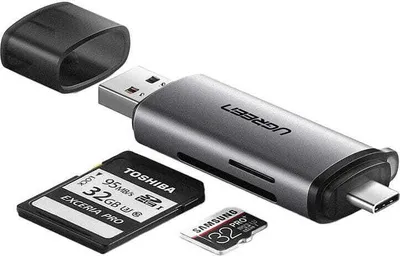 Productafbeelding van Ugreen Cm185 50706 kaartlezer voor SD-/micro SD-kaarten naar USB-A 3.0/USB-C 3.0 - grijs