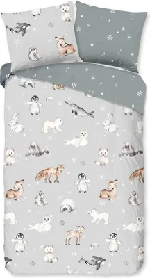 Productafbeelding van Good Morning Kinderdekbedovertrek "dieren in winterthema" - Grijs - (135x200 cm) - Katoen Flanel