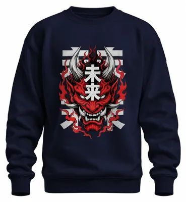 Zdjęcie produktu dla Bluza z kapturem "Hannya", japoński demon, kanji, styl streetwear Y2K, kolor granatowy, rozmiar S