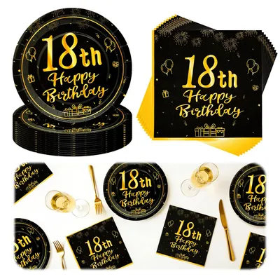 18. Geburtstagsset, 36-teilig, Schwarz Gold, Papier, 18 cm